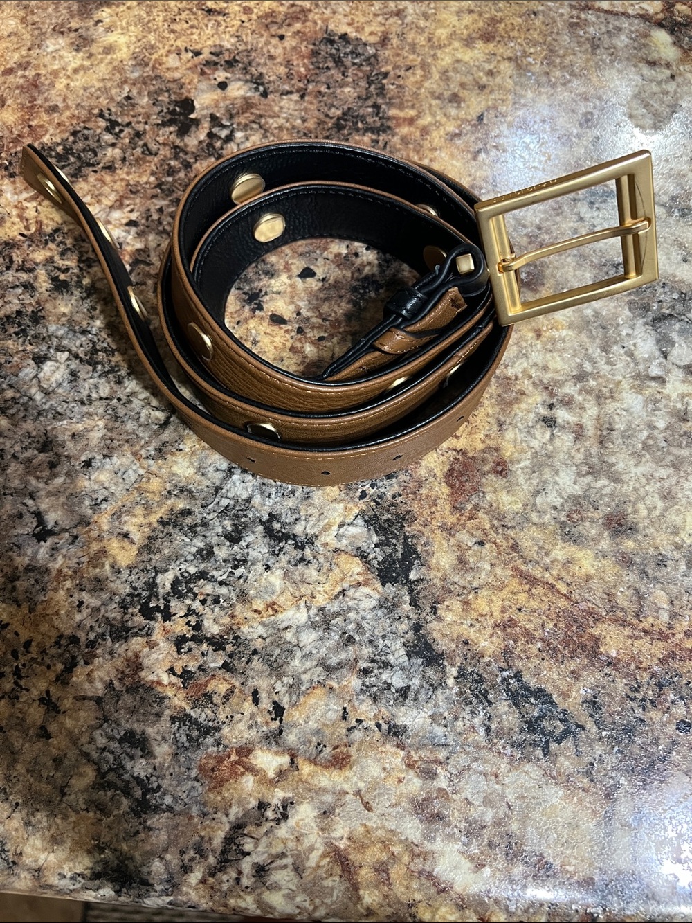 Women’s HAMMITT Brown/Black Leather Belt with Gold Buckle